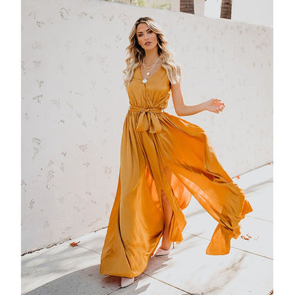 Damen Maxikleid mit hoher Teilung und Taillengürtel Eveloria