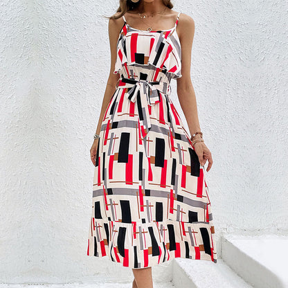 Damen Midi-Kleid Grafisches Design Taillengürtel Eveloria