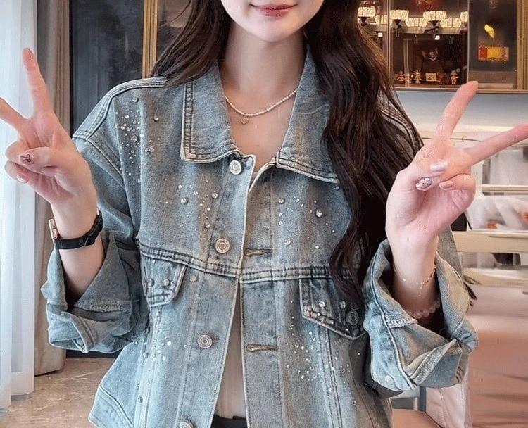 Damen Denimjacke Dekorative Perlen Blau Eveloria