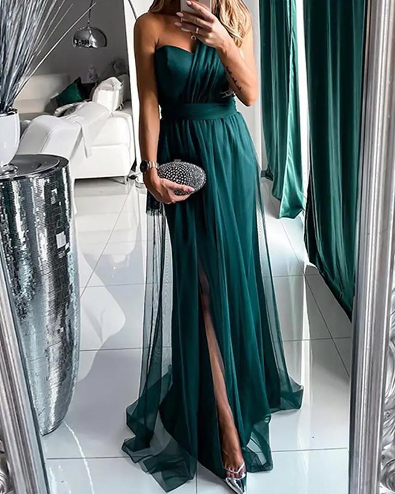 Damen Abendkleid Schulterfrei Hoch Beinschlitz Eveloria