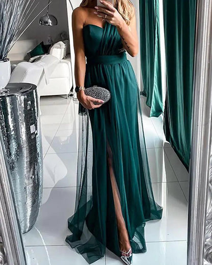 Damen Abendkleid Schulterfrei Hoch Beinschlitz Eveloria