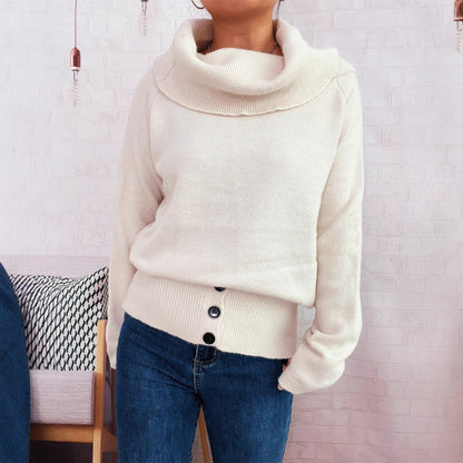 Damen Strickpullover Hochkragen Mit Knöpfen Eveloria