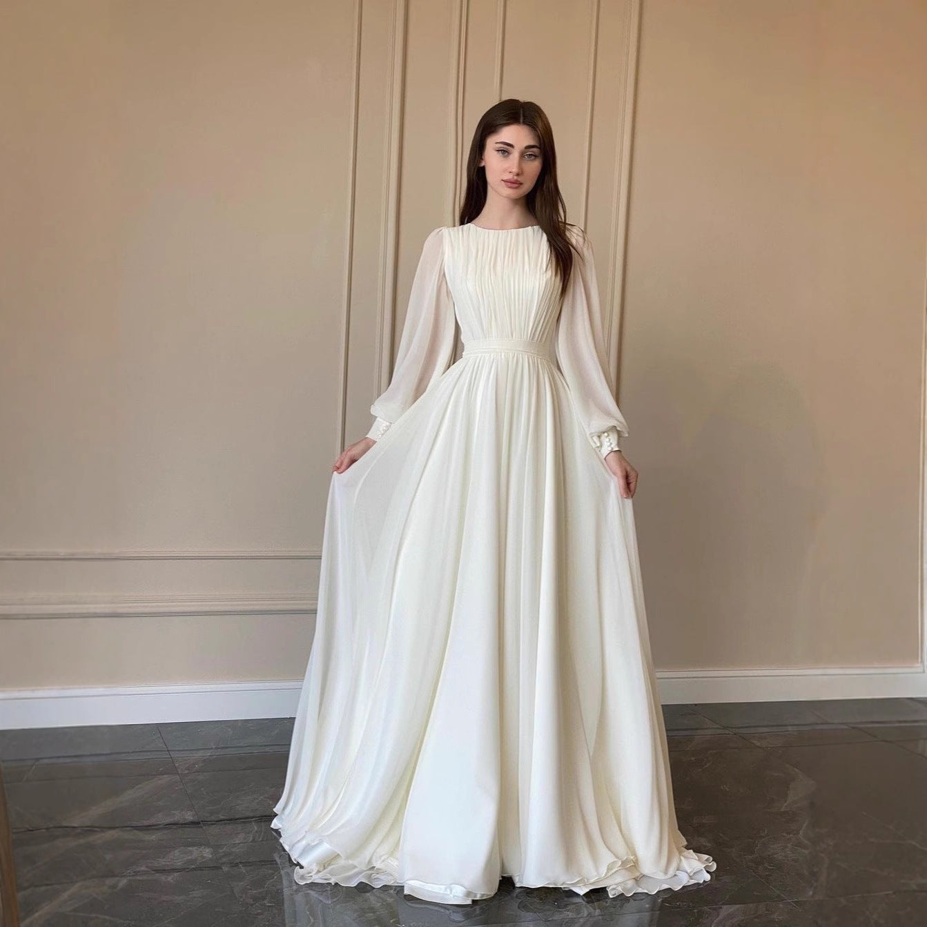Damen Langkleid mit Taillenband und Ballonärmeln Eveloria - Eveloria