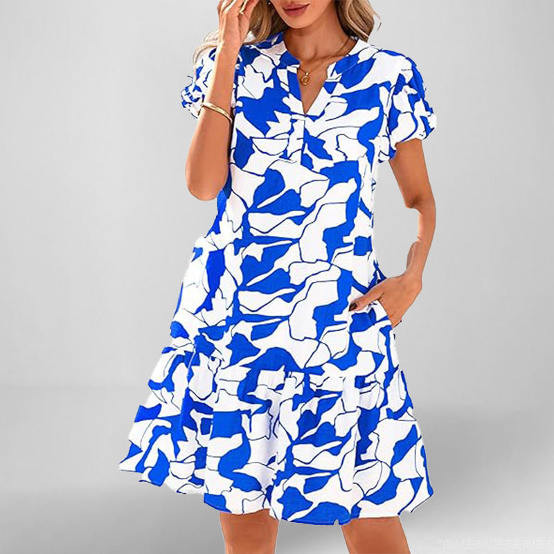 Damen Kleid Kurzarm Fließend Rüschensaum Eveloria