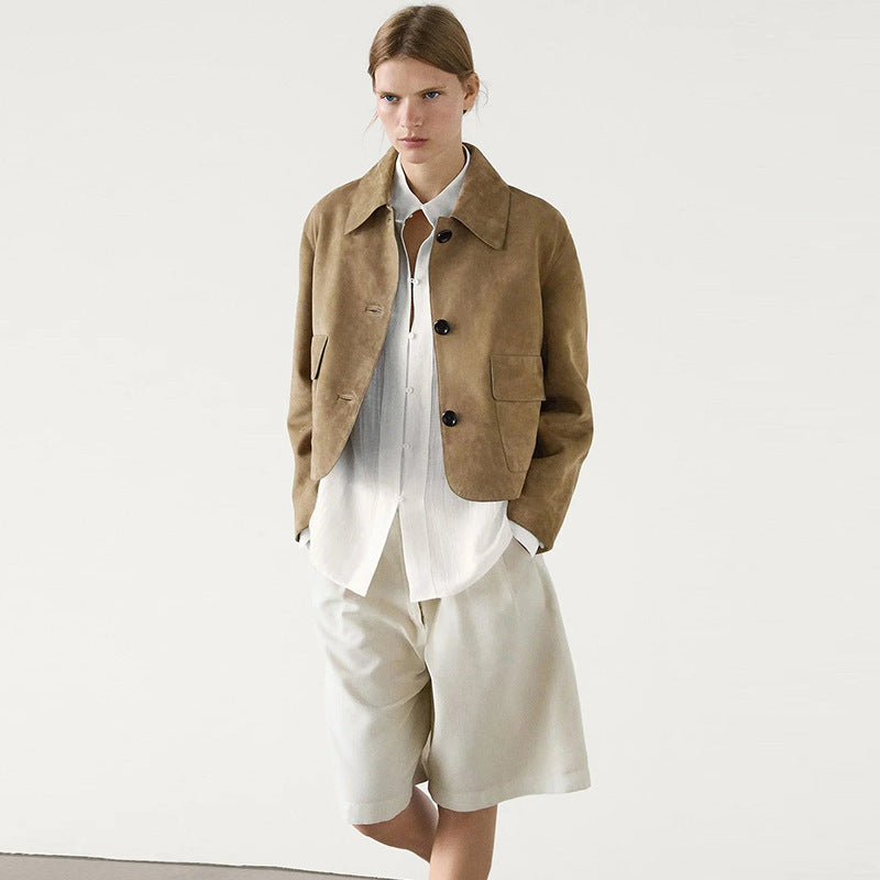 Damen Kurzjacke modisch mit Brusttaschen und Knöpfen Eveloria