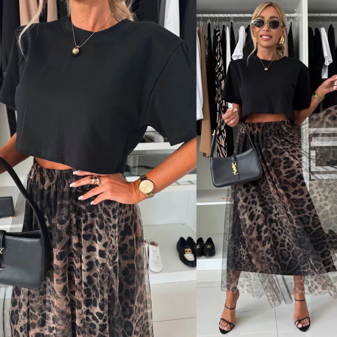 Damen T-Shirt Leopardenmuster Kurzarm weiß