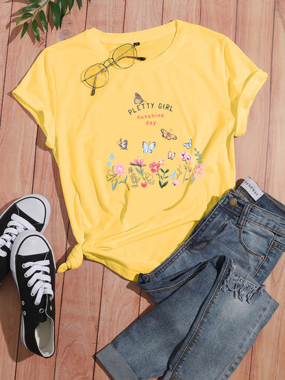 Damen T-Shirt Blumendruck Elegant Weiß