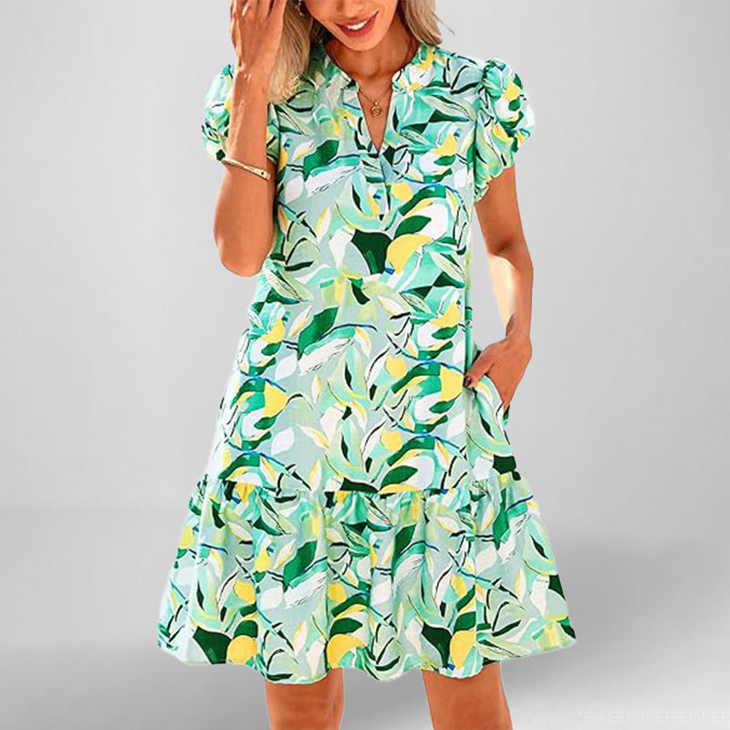Damen Kleid Kurzarm Fließend Rüschensaum Eveloria