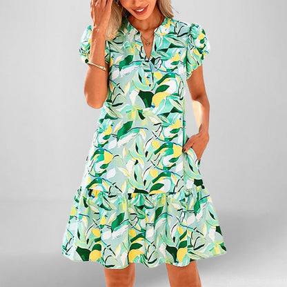 Damen Kleid Kurzarm Fließend Rüschensaum Eveloria