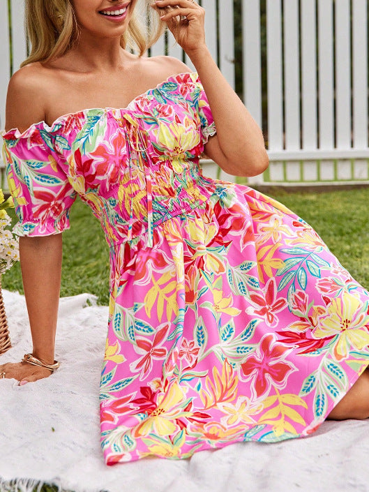 Damen Off-Shoulder Sommerkleid Florales Design Rüschenelemente