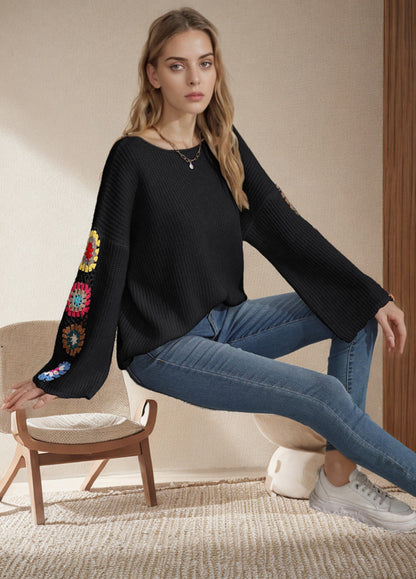 Damen Strickpullover Bunt Häkelmuster Weit Eveloria