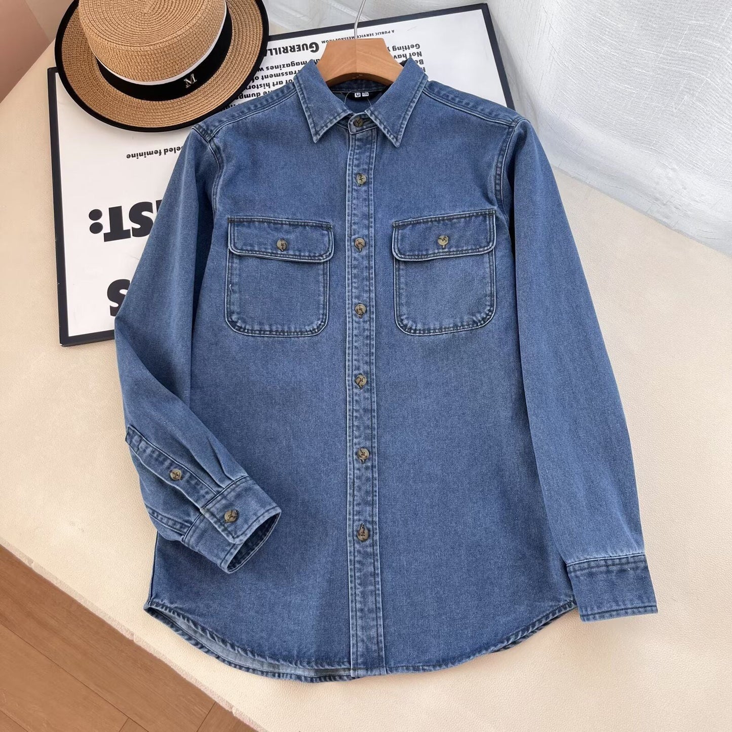 Damen Denim Hemdbluse mit Brusttaschen Blau