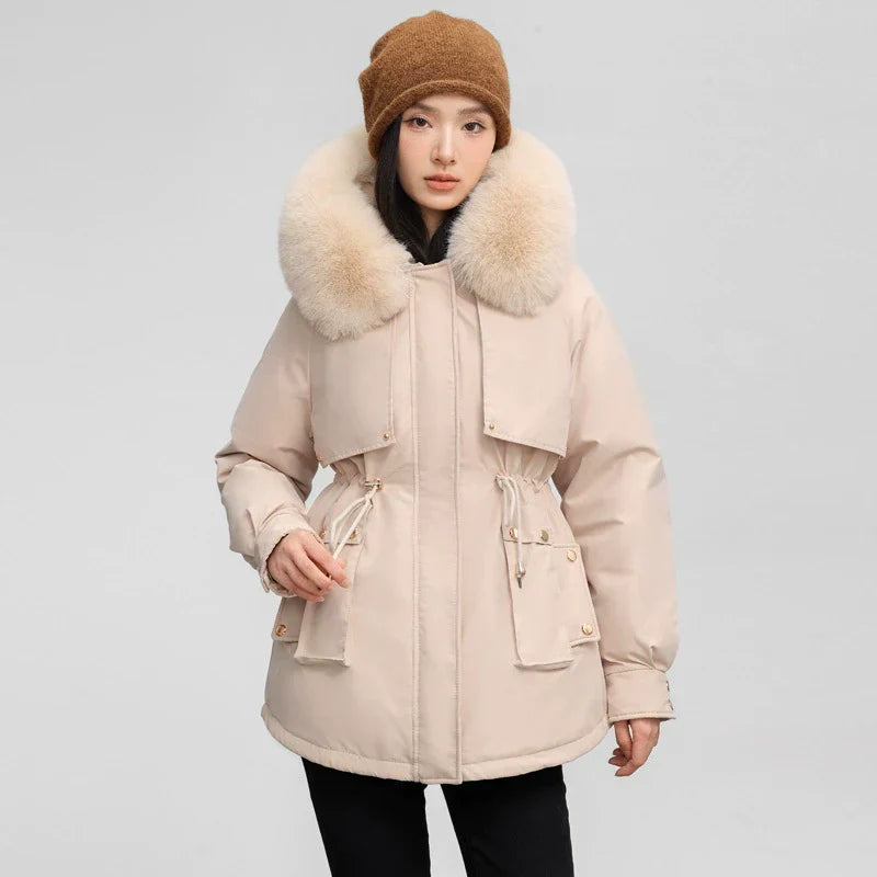 Damen Parka Mantel Verstellbare Taille Abnehmbarer Fellkragen - Eveloria