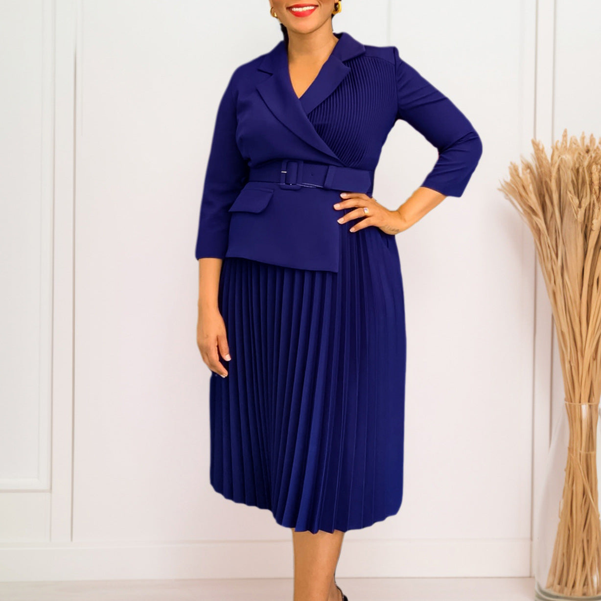 Damen Blazer-Kleid mit Plissee und Taillengürtel Eveloria