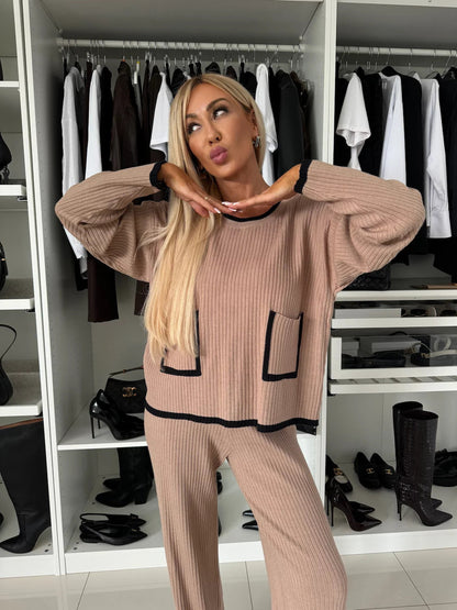 Damen Strick-Loungewear-Set mit Taschen Kontrast-Abschlüsse Grau