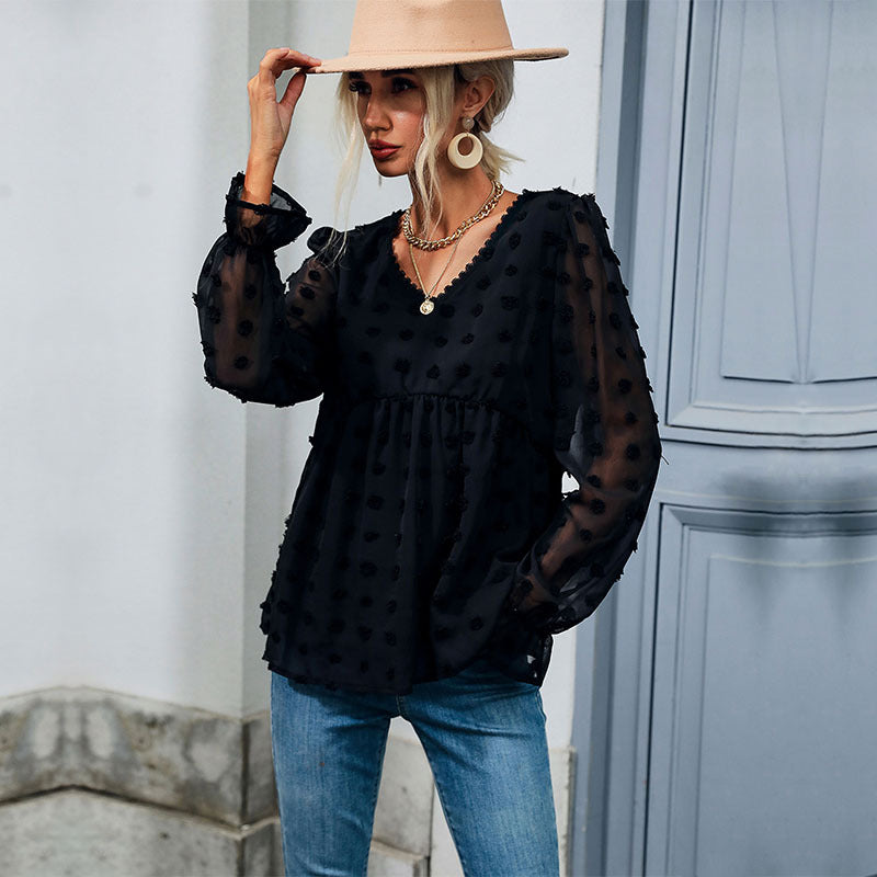 Damen Bluse Luftig Rüschendetails Punkte-Design Weiß Eveloria
