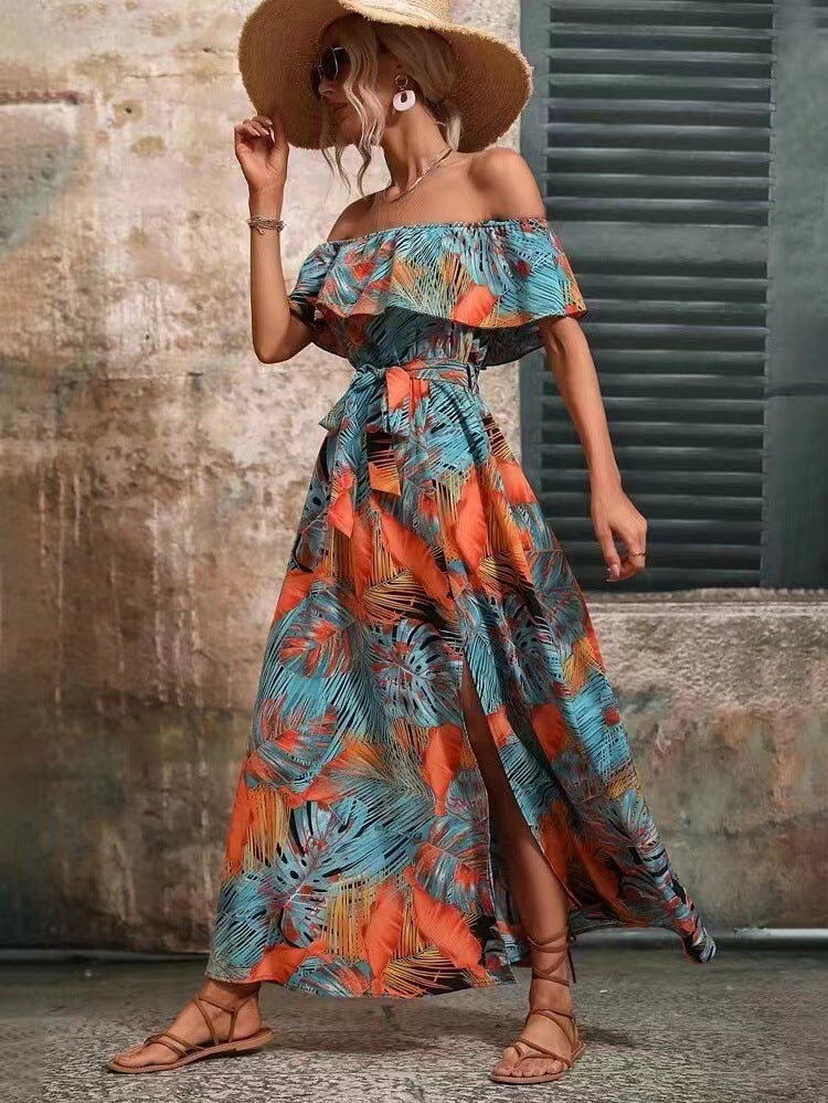 Damen Maxikleid Off-Shoulder Rundhals tiefes Seitenloch