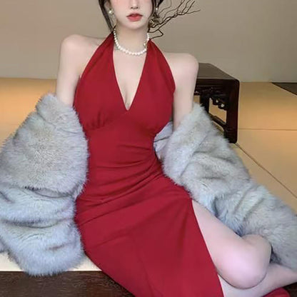 Damen Maxikleid Elegantes V-Ausschnitt Seidenstoff