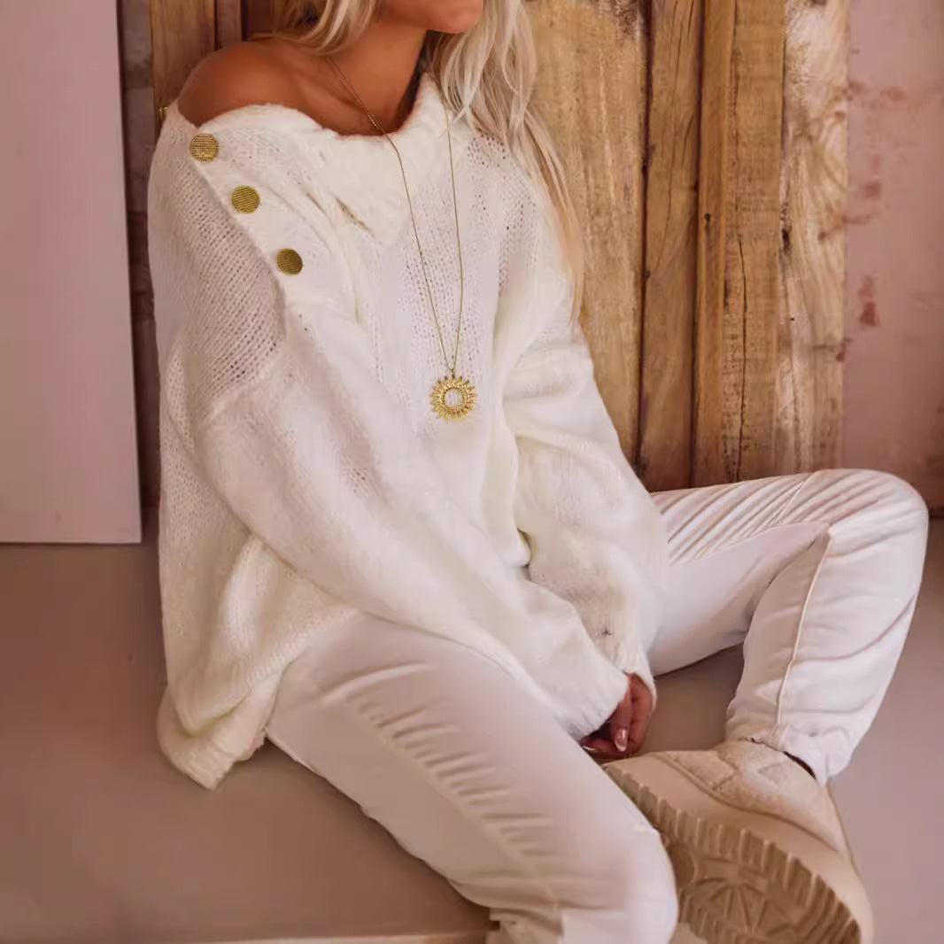 Damen Oversized Strickpullover Hochkragen Dekorative Knöpfe