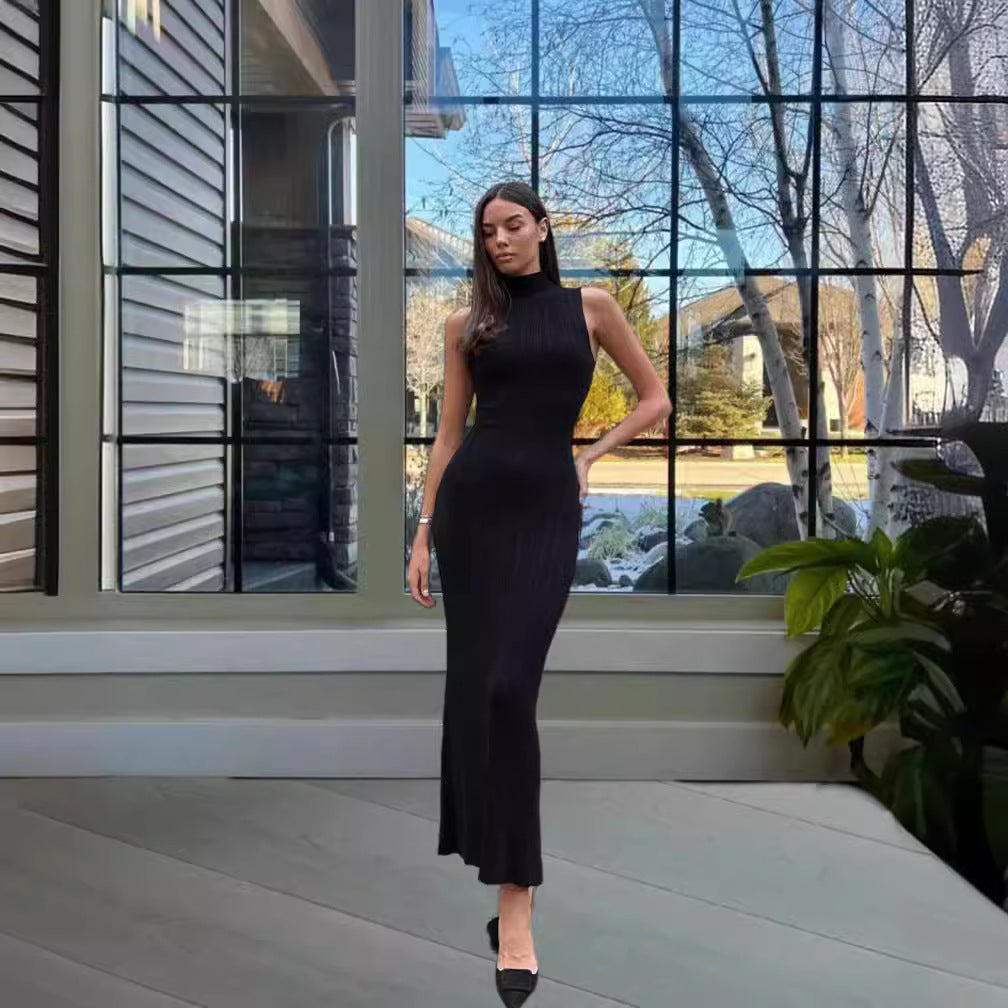 Damen Maxikleid Figurbetont Rippmuster Hochkragen Eveloria