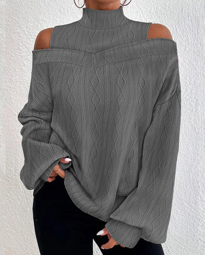 Damen Strickpullover Schulterfrei Hochkragen Beige Eveloria