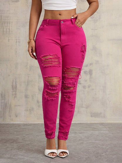 Damen Skinny Jeans Destroyed Hochbund Dunkelblau Eveloria