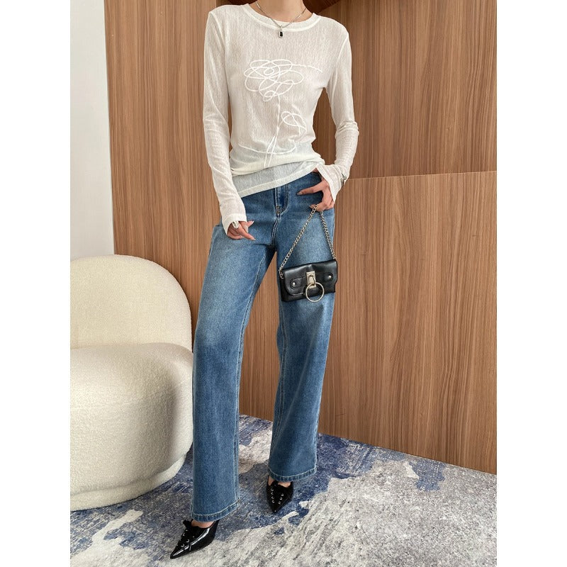 Damen Langarmshirt Leichter Stoff Feiner Grafikdruck Eveloria