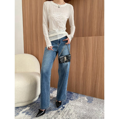 Damen Langarmshirt Leichter Stoff Feiner Grafikdruck Eveloria