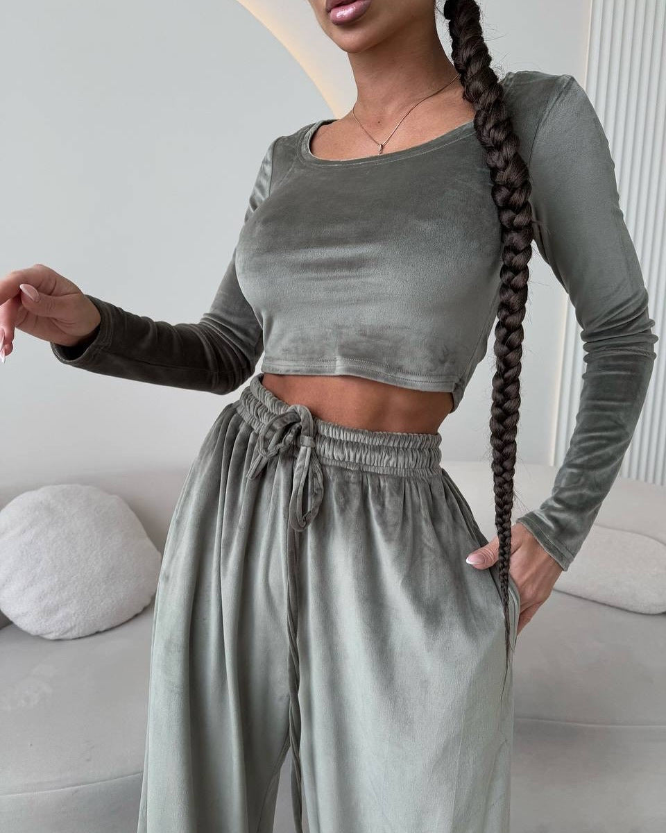 Damen Lounge-Set Cropped Oberteil Weite Hose Bequem Eveloria
