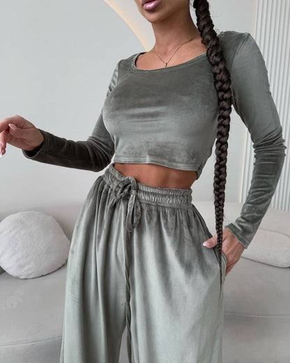 Damen Lounge-Set Cropped Oberteil Weite Hose Bequem Eveloria