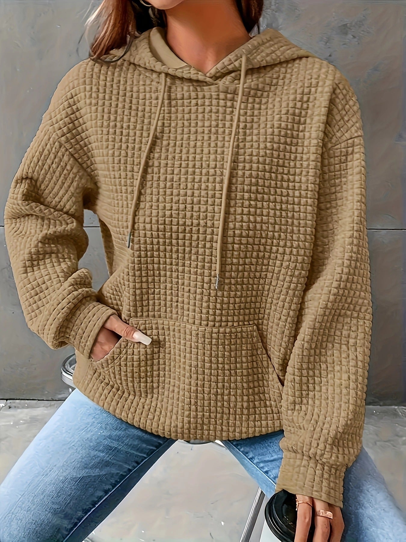 Damen Kapuzenpullover Strukturiertes Waffelmuster Mit Taschen