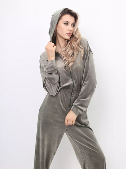 Damen Velours-Jumpsuit Kapuze Elastisch Eveloria