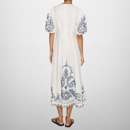 Damen Midikleid Stickmuster Voluminöse Ärmel Eveloria