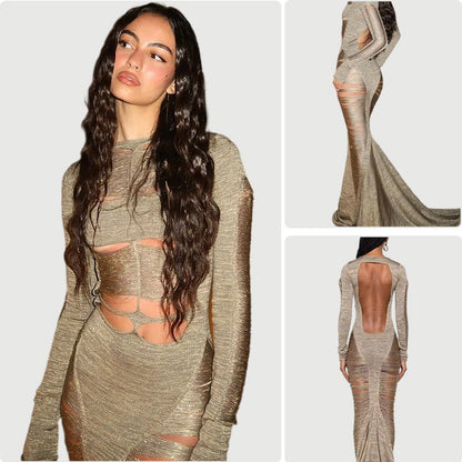 Damen Abendkleid Cut-Out Langärmlig Schwingender Saum Eveloria - Eveloria