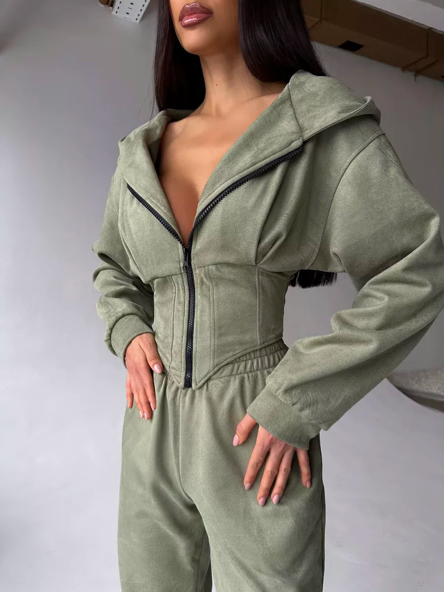 Damen Jumpsuit Tailliert Sportliche Kapuze Eveloria
