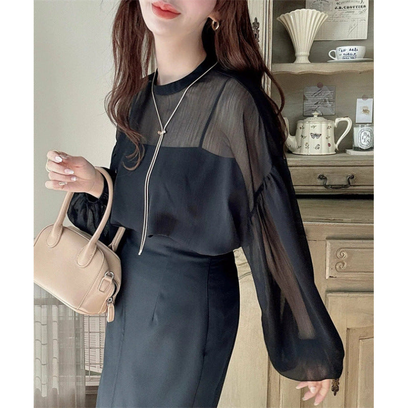 Eveloria Damen Bluse Rundhalsausschnitt Voluminöse Ärmel Elegante