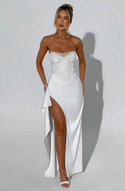 Damen Abendkleid Hochgeschlossen Transparenter Oberteil