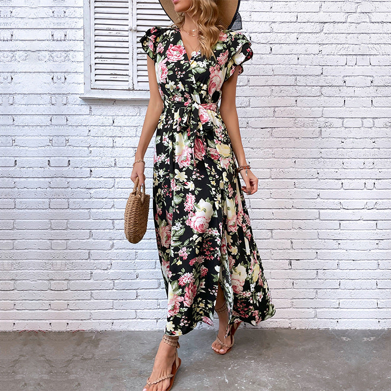 Damen Maxikleid Floralmuster Schlitz Taillengürtel