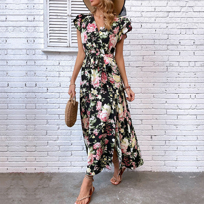 Damen Maxikleid Floralmuster Schlitz Taillengürtel