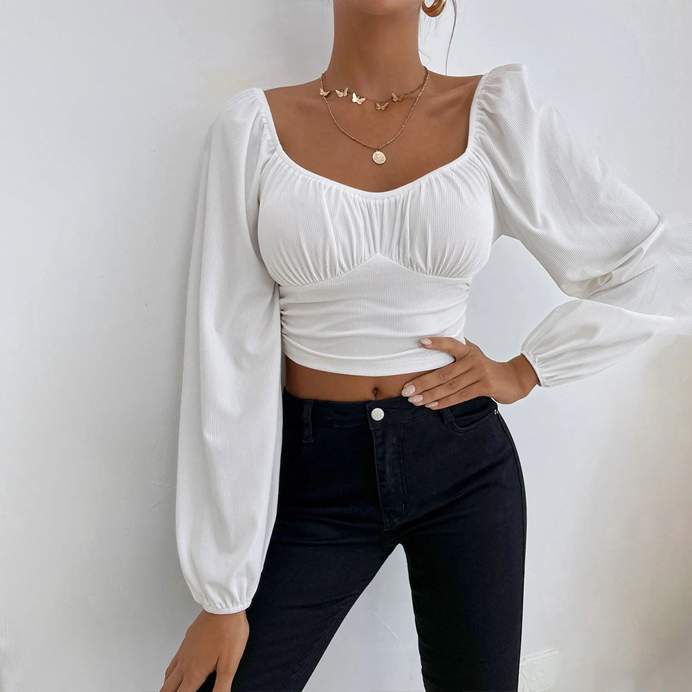 Damen Cropped Oberteil Puffärmel Figurbetonter Schnitt Schwarz - Eveloria