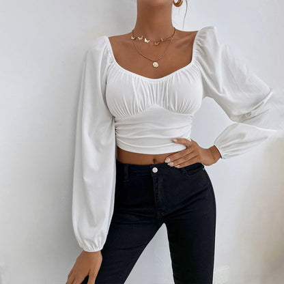 Damen Cropped Oberteil Puffärmel Figurbetonter Schnitt Schwarz - Eveloria