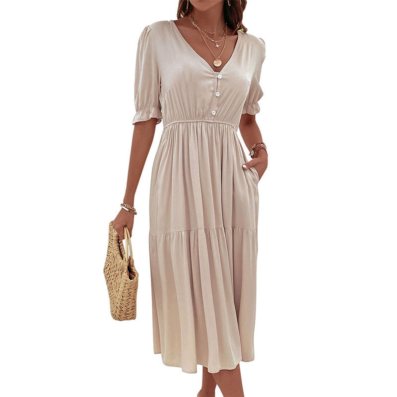 Damen Midi-Kleid Knopfdetail Voluminöse Ärmel Eveloria
