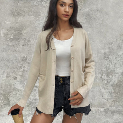 Damen Strickjacke Rippenmuster Baumwolle Beige - Eveloria
