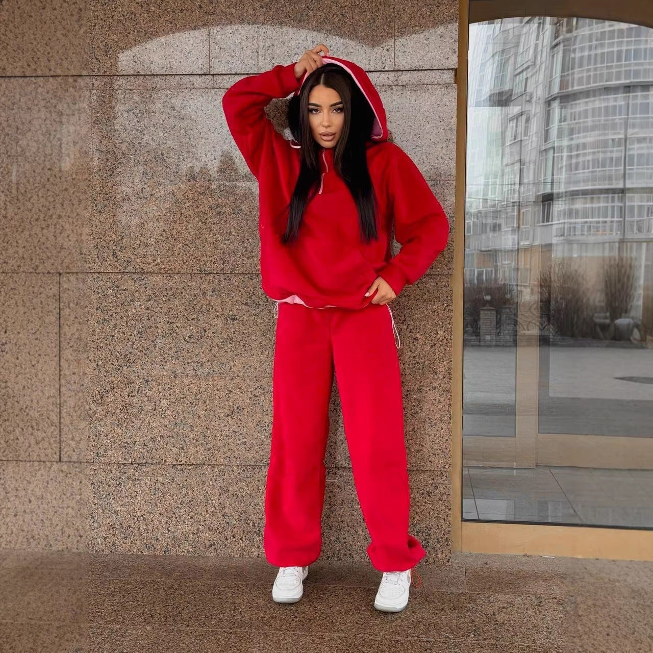 Damen Fleece-Jogginganzug Hochkragen Kordelzug Grau