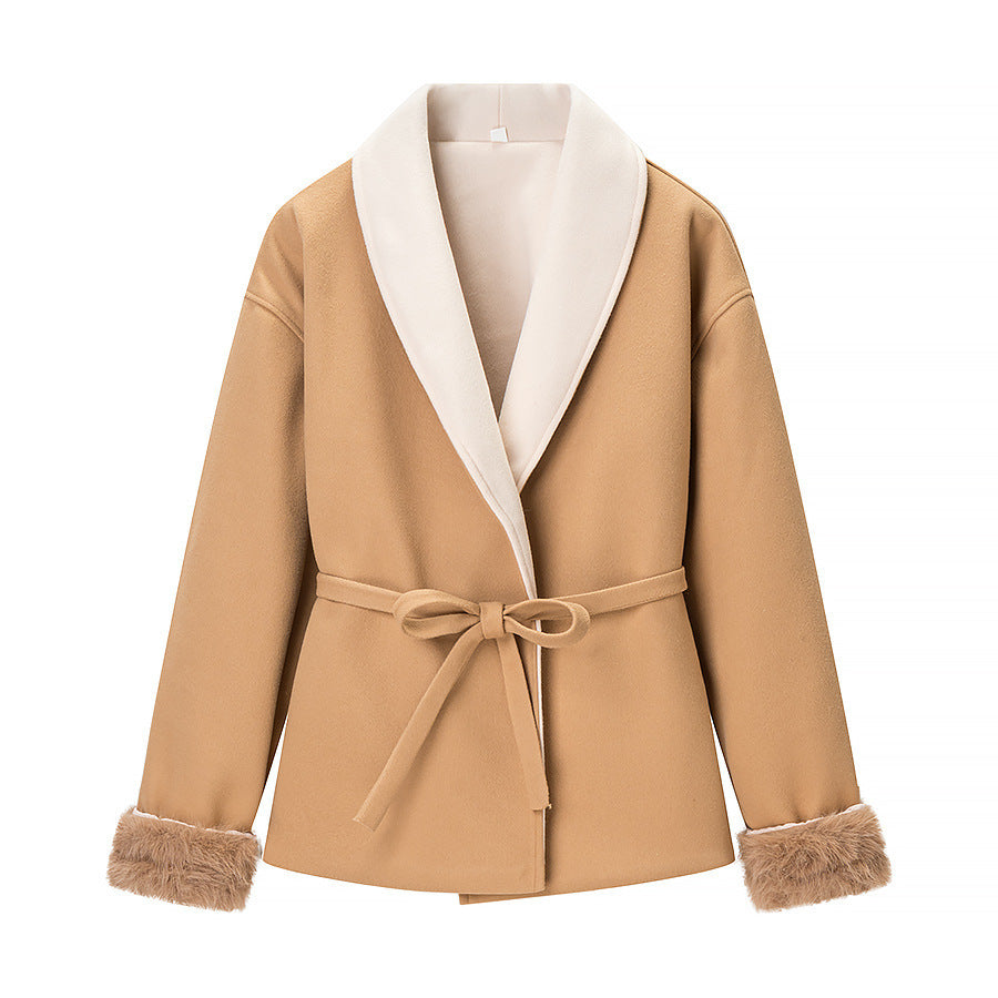 Damen Kuscheljacke Weiches Innenfutter Taillengürtel