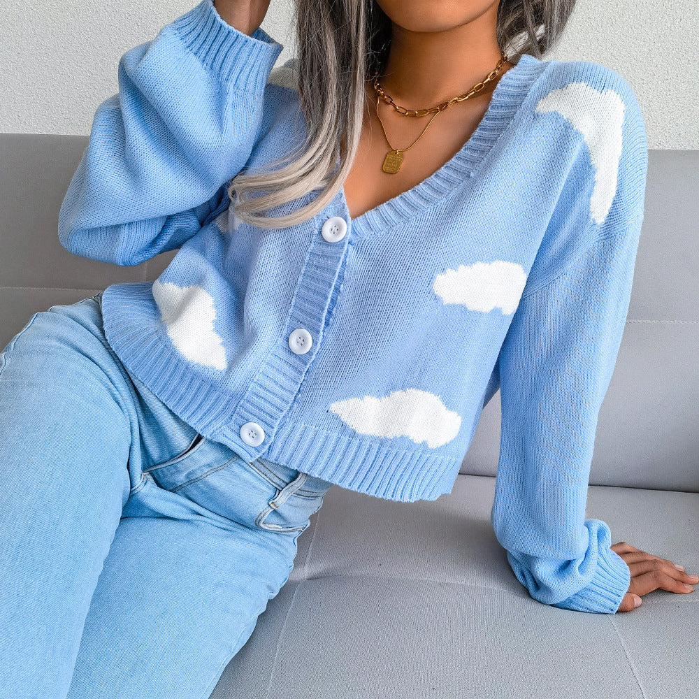 Damen Baumwolljacke Wolkendesign Lässig Blau Eveloria
