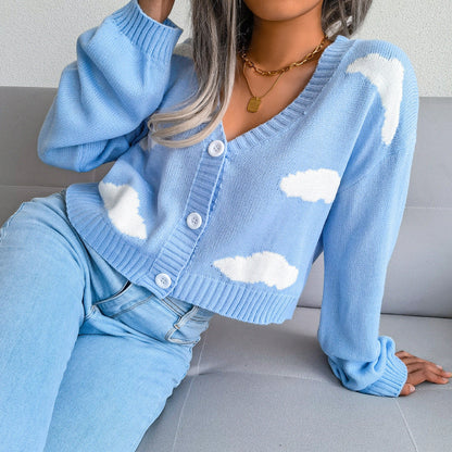 Damen Baumwolljacke Wolkendesign Lässig Blau Eveloria