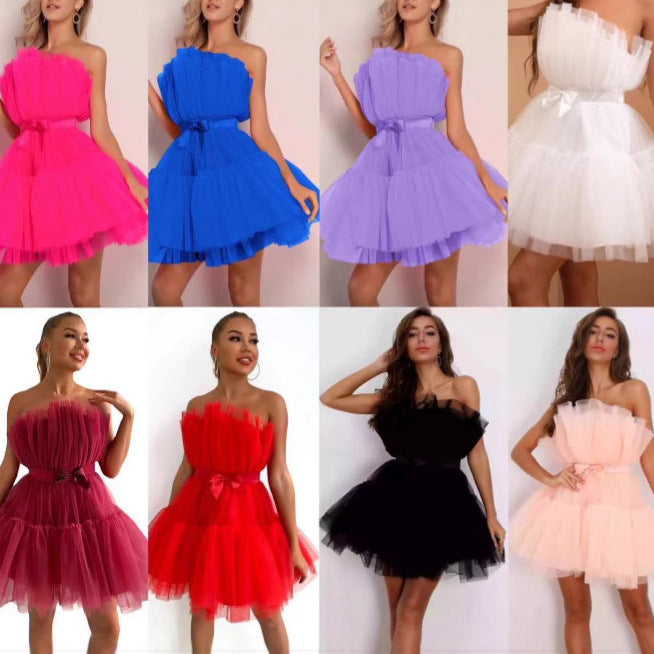 Damen Mini-Kleid Asymmetrisch Rüschen Schwarz - Eveloria