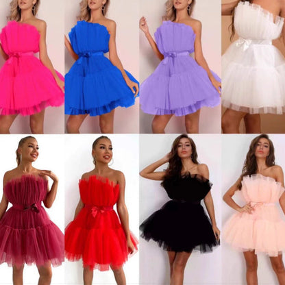 Damen Mini-Kleid Asymmetrisch Rüschen Schwarz - Eveloria