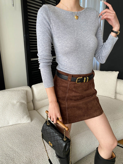 Damen Langarmoberteil Weiches Strick Oberteil Rippstruktur Beige
